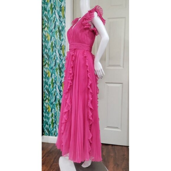 Mac Duggal Pink Ruffled Maxi Dress Flowy Pleated Deep V-Neck Evening Gown Size 4 - Picture 6 of 16